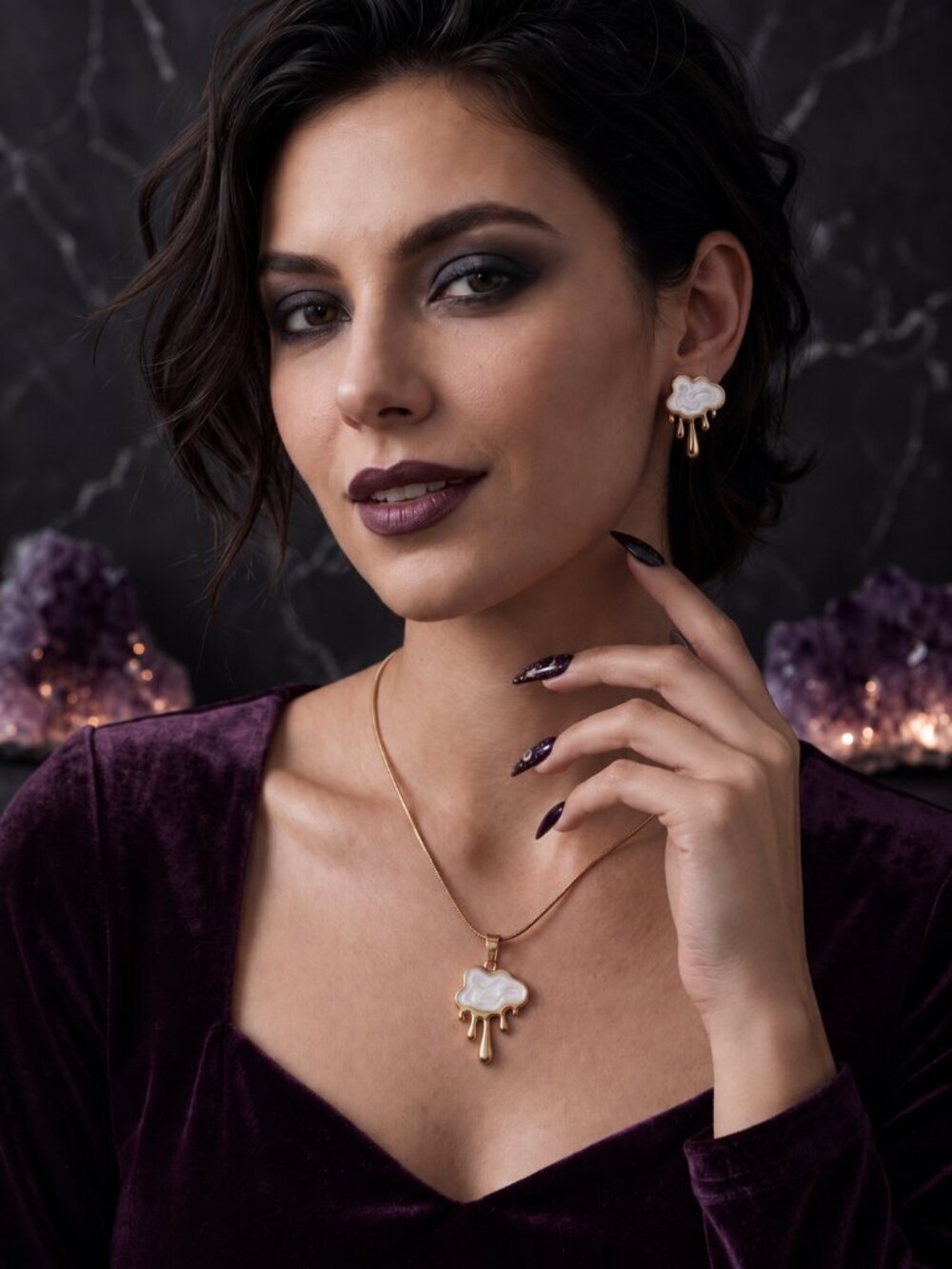 18K Gold Plated SS Surrealist Drip Art Melting Cloud Enamel Necklace Earring Set